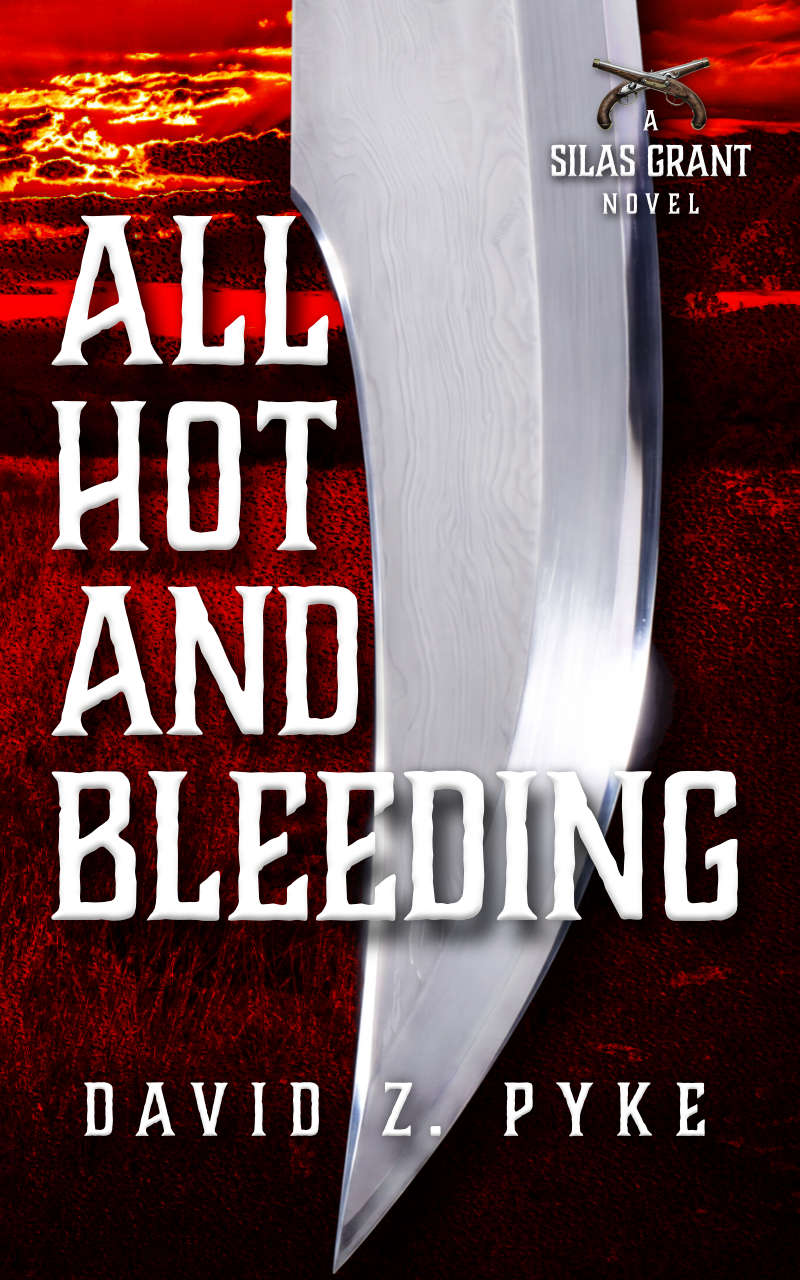 front cover of Western historical fiction novel All Hot and Bleeding, with the blade of a navaja against a blood-red sunset over the Texas Hill Country