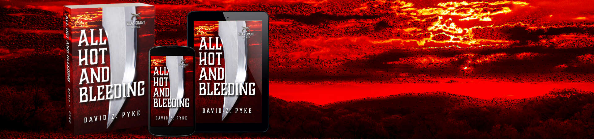 All Hot and Bleeding on tablet, phone, against a blood-red Texas Hill Country landscape